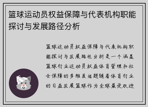 篮球运动员权益保障与代表机构职能探讨与发展路径分析 篮球运动员权益保障与代表机构职能探讨与发展路径分析