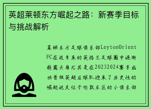 英超莱顿东方崛起之路：新赛季目标与挑战解析